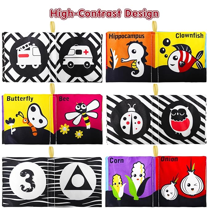 6 PCS High Contrast Black and White Crinkle Cloth Books for Infants 0-3 3-6 Months, Tummy Time Soft Book,Montessori Sensory Toys for Brain Development, Baby Educational Toys Gift for Boys Girls