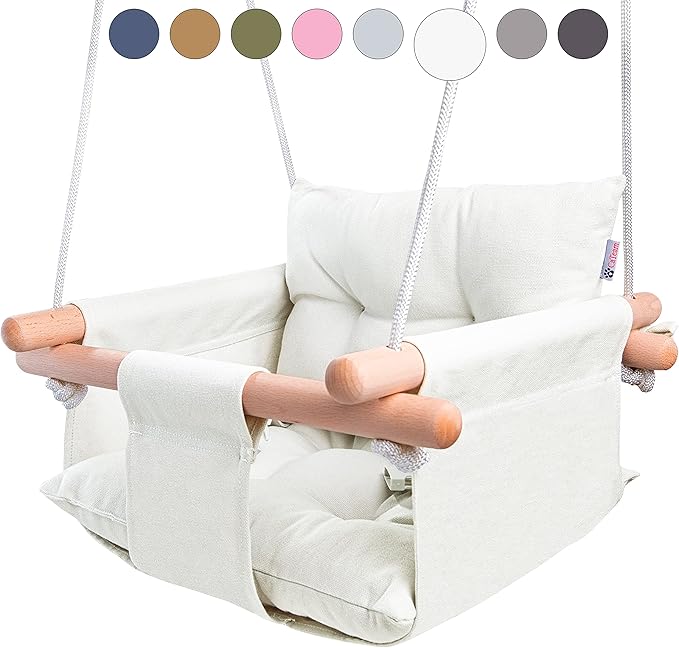 CaTeam - Canvas Baby Swing, Wooden Hanging Swing Seat Chair with Safety Belt, Durable Baby Swing Chair, Outdoor and Indoor Swing for Kids, Mounting Hardware Included, Ivory