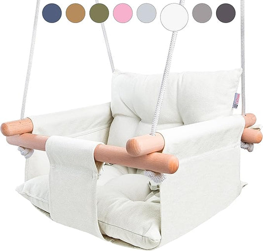 CaTeam - Canvas Baby Swing, Wooden Hanging Swing Seat Chair with Safety Belt, Durable Baby Swing Chair, Outdoor and Indoor Swing for Kids, Mounting Hardware Included, Ivory