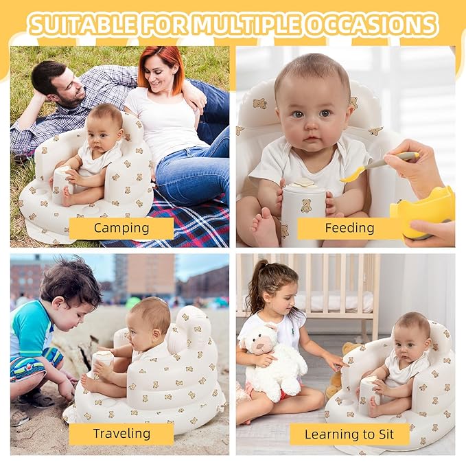 AGITVPS Upgrade Inflatable Baby Seat with Tray for Babies 3-36 Months, Built in Air Pump Bumbo Seat with Tray, Baby Chair Sit Me up Floor Seat for Baby, Learning to Sit&Feeding (Pillar-Bear Cub)