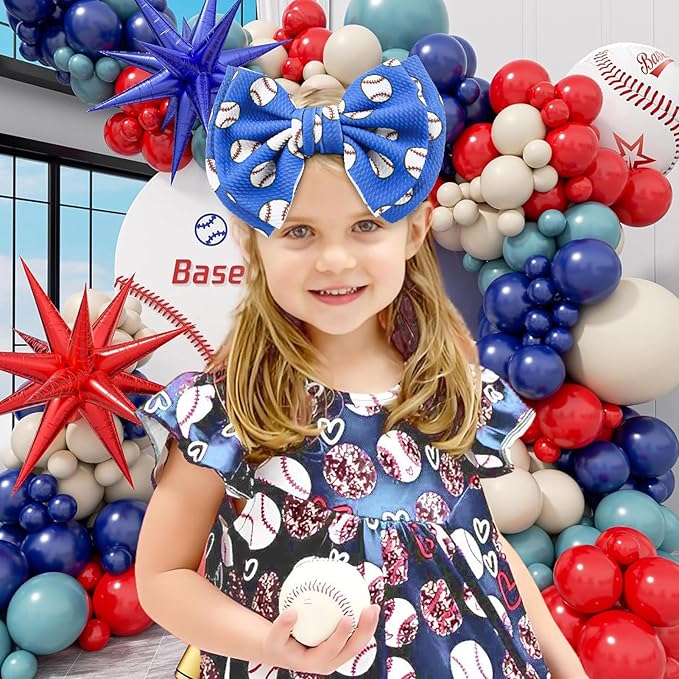 YanJie 7" Baby Girl Baseball Sports Printed Super Large Double Layers Bow Headband Blue Infant Toddler Messy Bow Headwrap Game Hair Accessories Hairband Baseball Game Day Sports Bows for Girls Outfit