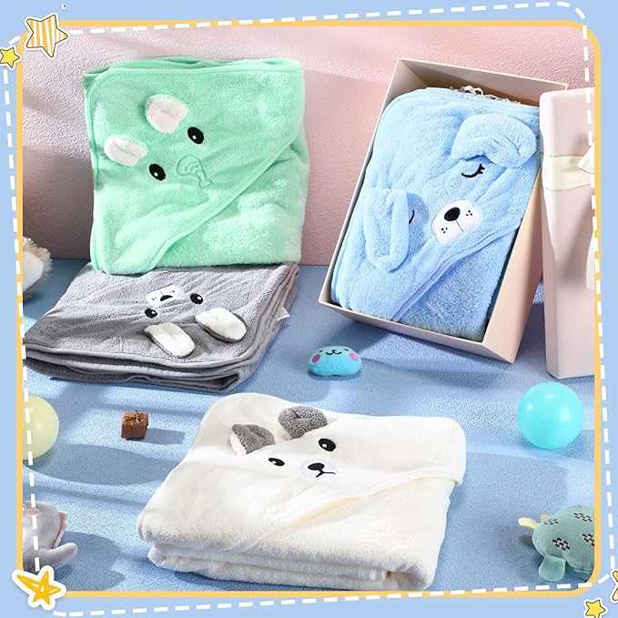 Preboun 4 Pcs Baby Bath Towel Coral Fleece Baby Hooded Towel Absorbent Soft Towels for Newborn Cartoon Animal Hooded Bath Blanket for Kids Toddler Infant Shower (Cute Style)