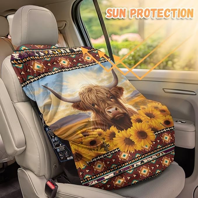 Car Seat Protector Baby Car Seat Sun Shade Cover, Keeps Baby's Carseat at Cooler Temperature, Blocks Out Heat & Sun UV Covers, Universal Toddler Car Accessories, Highland Cow Aztec Sunflower