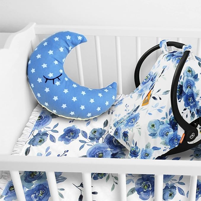 Dear Baby Gear Car Seat Cover for Boys & Girls - Baby Carseat Canopy w/Snap Opening - Infant Seat Cover - Stroller & Nursing Covers - Newborn Carrier Canopy - 40x30"(Blue Watercolor Roses, White Dot)
