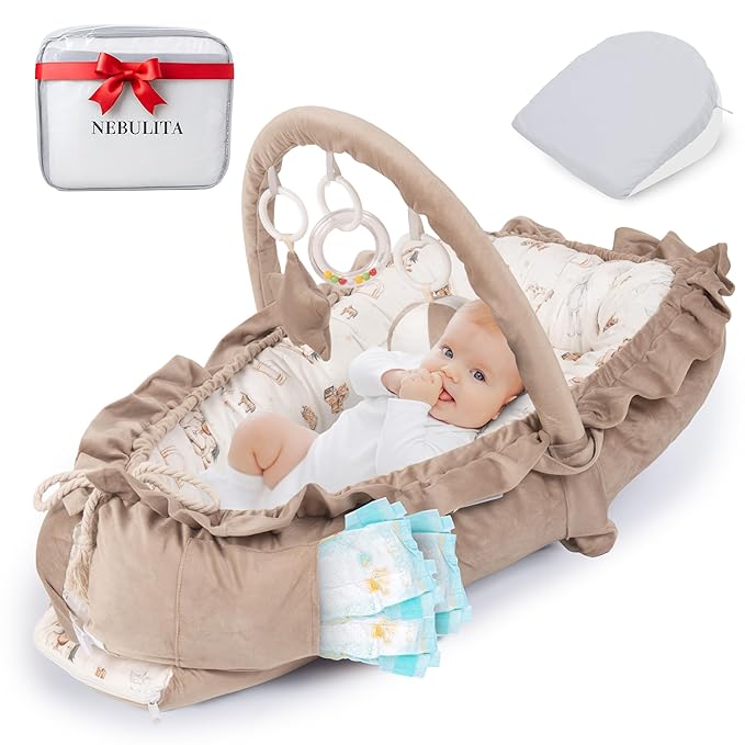 Newborn Lounger Cream - Flexible & Portable w/Infant Support Cushion, Soft & Breathable 100% Cotton - Multi-Use Supervised Baby Lounger for Floor, Travel, Changing Mat Alternative - Premium