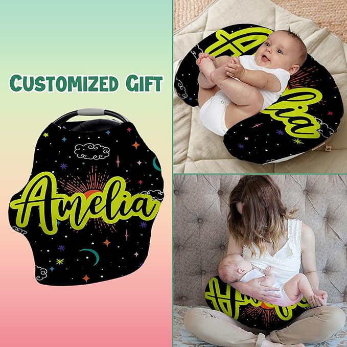 Custom Name Car Seat Canopy - Baby Car Seat Covers, Infant Stroller Cover, Bright Green Star Carseat Canopy Christmas Birthday Gifts for Girls and Boys
