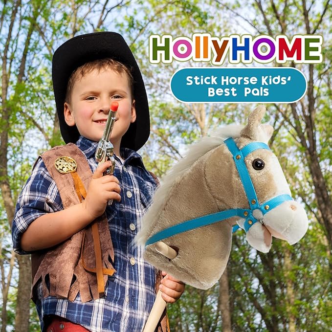 HollyHOME Stick Horse Plush Handcrafted Hobby Horse on a Stick with Wood Wheels Real Pony Neighing and Galloping Sounds for Kids Toddlers Beige 36 Inches(AA Batteries Required)