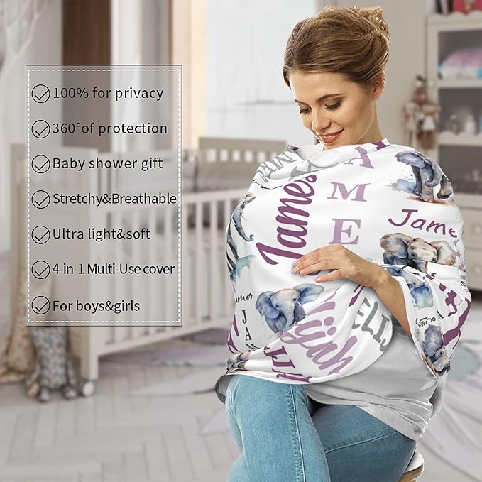 Personalized Baby Car Seat Covers for Babies, Custom Elephant Nursing Breastfeeding Carseat Canopy with Name, Infant Stroller Covers for Newborn Girls Boys, Breathable Carseat Cover