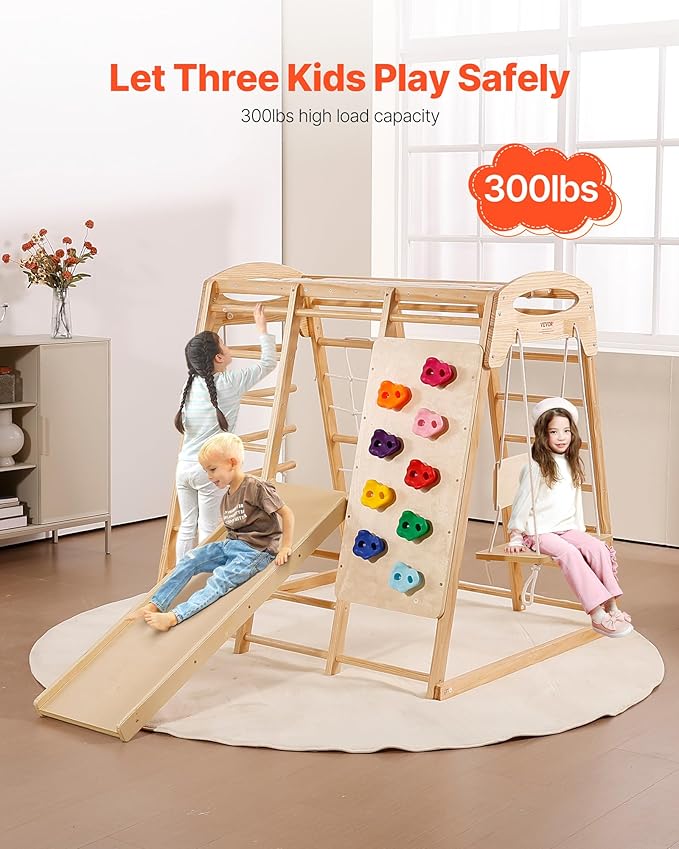 VEVOR Indoor Jungle Gym, 7-in-1 Toddler Indoor Playground, 47.2 x 58 x 56 inch, with Wood and Rope Ladder, Net Ladder, Swing, Monkey Bar, Slide, Climbing Wall, Wooden Indoor Climbing Toys for Kids