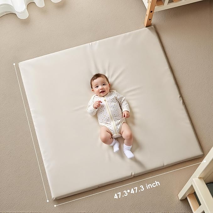 Padded Baby Play Mat - Thick Play Mat for Baby - Super Soft Non Toxic Vegan Leather Mat for Baby Girls and Boys Play on Floor - 50 x 50 Playpen Mat -Wipeable Tumbling Crawling Mat for Baby
