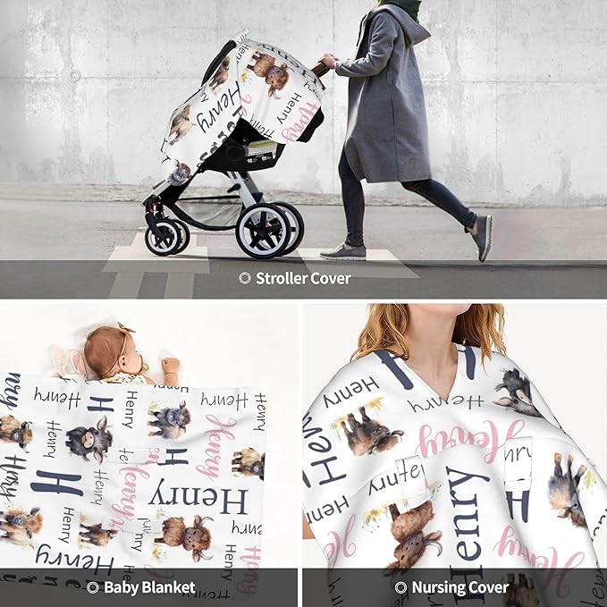 Personalized Baby Car Seat Cover Custom Name CarSeat Canopy Customized Buffalo Newborn Nursing Breastfeeding Cover Minky Baby Blanket Infant Car Seat Canopies for Baby Girls Boys