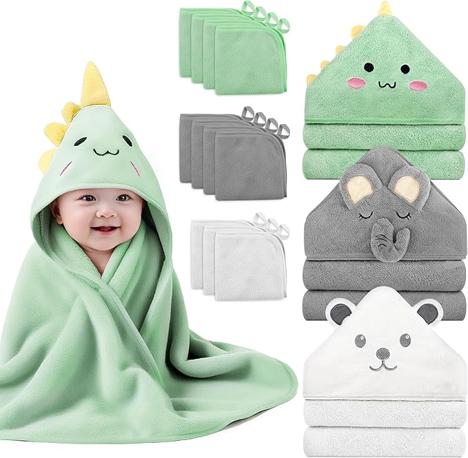 14 PCS Baby Towels, 3 PCS Soft Hooded Baby Towels & 11 PCS Washcloths, Baby Bath Towels for Newborns, Infants & Toddlers, Ultra Absorbent, Cute Baby Towel Gift for Boys & Girls