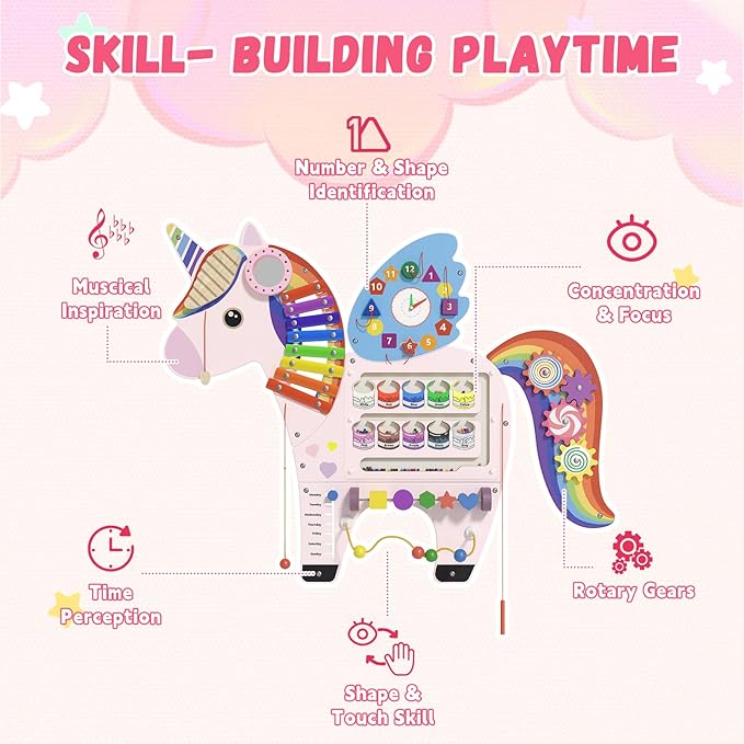 Spacocld Unicorn Activity Wall Busy Board Panels - Sensory Wall Panel for Kids, Montessori Toddler Wall Activity Board, Wall Toys for Toddlers 3, Activity Cube, Perfect for Toddler Playroom, Pink
