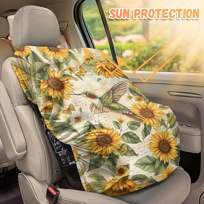 Hummingbird Car Seat Cover, Sunflower Car Seat Sun Shade Cover, Wear-Resistant Carseat Cover to Keep The Car Seat Cool, Easy to Install