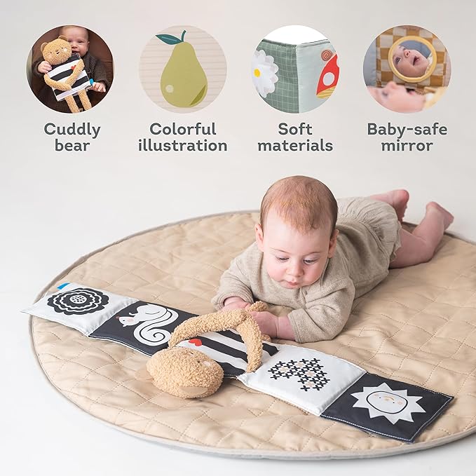 Taf Toys Black & White Sensory Newborn Book, High Contrast Side for Infant Brain Development, Vibrant Colors & Baby Mirror, Plush Bear for Tummy Time Books 0-6 Months - Baby Gifts for Boys Girls