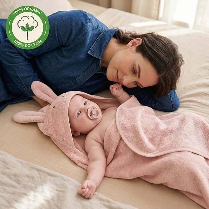 Hooded Baby Towel - 100% Organic Cotton Baby Bath Towels – Baby Towels, Baby Bath Towels for Baby Girl, 32" x 32" Super-Soft and Absorbent Baby Towels for Newborn (Rabbit - Blush)