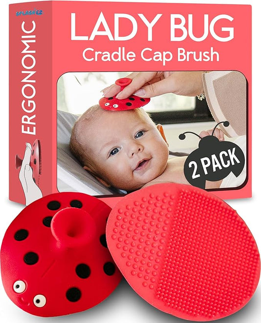 SplashEZ Cradle Cap Brush for Babies | Soothing Newborn Head Massager | Food-Grade Soft Silicone Baby Bath Brush & Scalp Scrubber | Infant Cradle Cap Comb - Organic Shape & Ladybug Design, 2-Pack