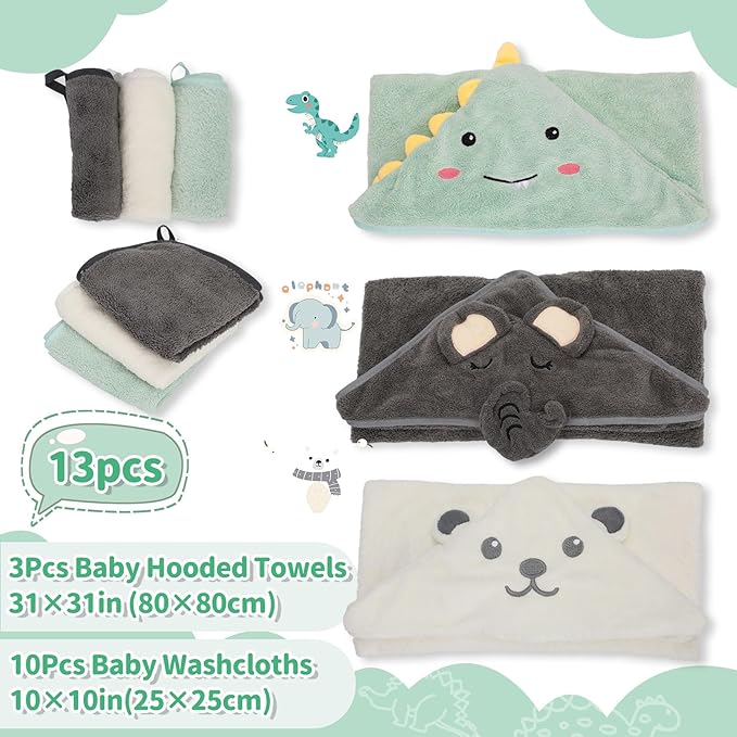 Saranna Baby Hooded Towels for Newborn 13pcs, Soft Baby Bath Towels and Washcloths Set for Toddlers, Infant Towels with Hood Set.