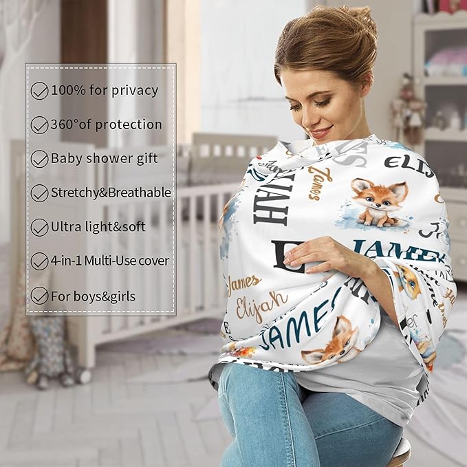Personalized Baby Car Seat Covers for Babies, Custom Fox Nursing Breastfeeding Carseat Canopy with Name, Infant Stroller Covers for Newborn Girls Boys, Breathable Carseat Cover