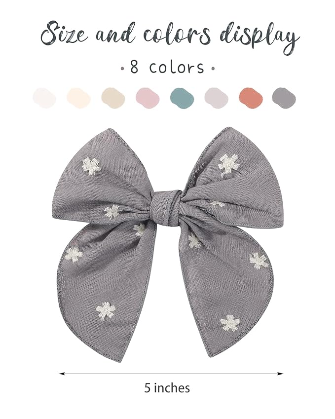 doboi 8PCS Baby Girls Hair Clips Fable Hair Bows Cotton Linen Bows for Girls Hair Accessories for Baby Toddlers Kids - Embroidery
