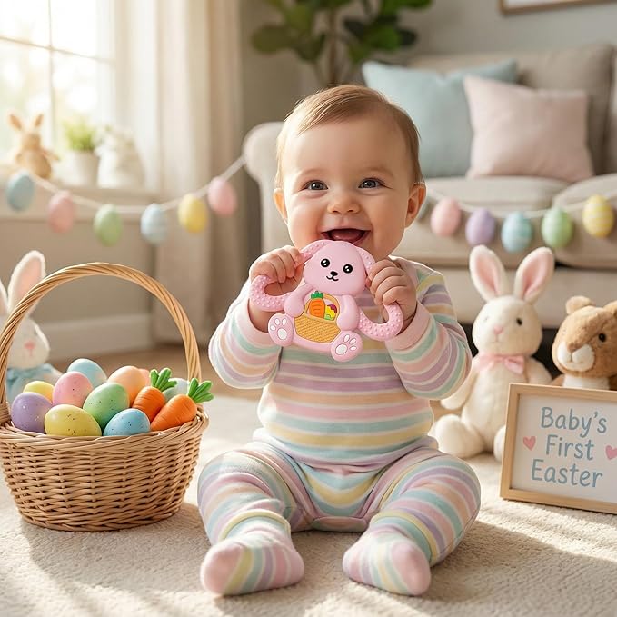 Easter Basket Stuffers Baby Teething Toys, Bunny Silicone Teething Toy for Babies 0 3 6 9 12 18 Months, Easter Basket Stuffer Essential, Baby Rabbit Carrots Teether for Baby & Toddler First Gifts