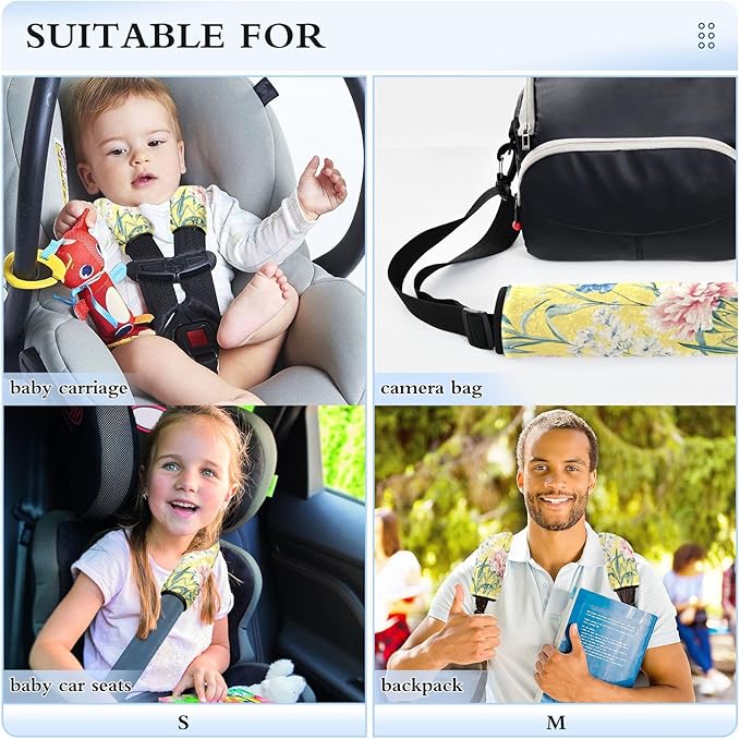 Car Seat Belt Pads Covers Set of 2 Breathable Backpack Shoulder Strap Pad Cover for Women Men Kids M Florals Carnation Delphinium Flower Yellow