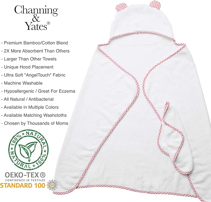 Channing & Yates Premium Hooded Baby Towel + (6 Piece) Washcloth Gift Bundle - Organic Viscose Made from Bamboo Baby Towels - (Pink Gingham Bundle)