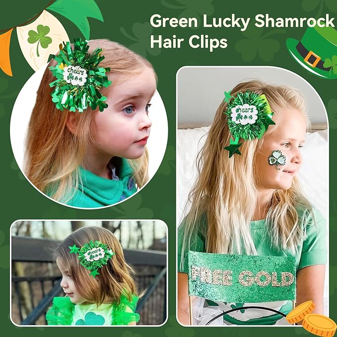 CN St.Patrick’s Day Hair Bows for Girls Green Lucky Shamrock Hair Clips Grosgrain Ribbon with Alligator Clips Clover Hair Accessories for Kids Toddler Teens on St.Patrick day Spring Birthday