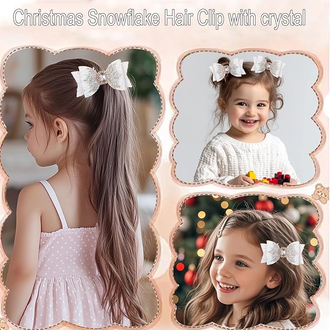 Christmas Snowflake Hair Bow Clips – Glitter White Snowflake Bow Hairpins for Women Girls Holiday Rhinestone Alligator Clips, Xmas Hair Accessories, Festive Holiday Bows Barrette Christmas Gift 2pcs