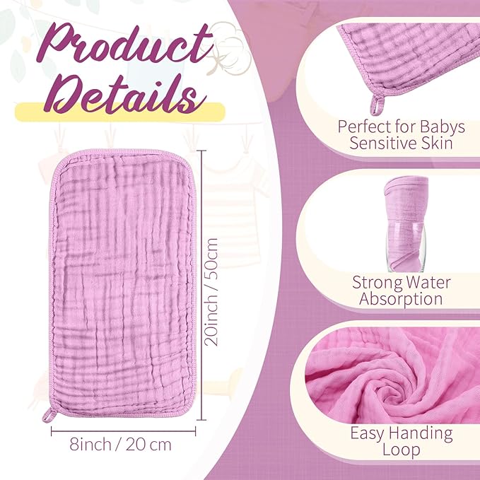 VitalCozy 6 Pcs Baby Muslin Hooded Bath Towels and Washcloths, Muslin Hooded Baby Towels Absorbent Blankets for Gift Newborn Infant Shower (White,Pink)