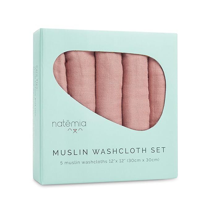 Natemia Muslin Baby Washcloths for Newborn - Premium Wash Cloths for Babies, Super Absorbent and Ultra Soft Rayon Made from Bamboo, 6 Layer Baby Girl and Baby Boy Washcloths, 5 Piece Set