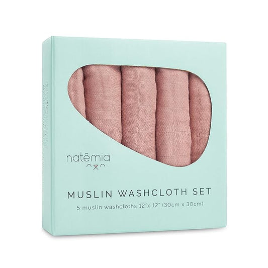 Natemia Muslin Baby Washcloths for Newborn - Premium Wash Cloths for Babies, Super Absorbent and Ultra Soft Rayon Made from Bamboo, 6 Layer Baby Girl and Baby Boy Washcloths, 5 Piece Set