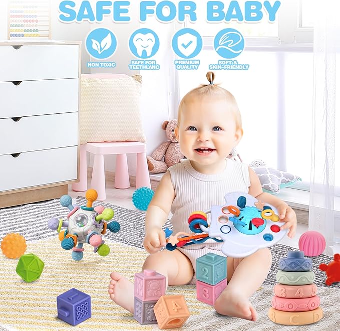 SpringFlower 0-3-6-12 Months Baby Toys, 5 in 1 Montessori Toys for Babies, Teething Toy & Stacking Building Block & Ring & Silicone Pull String, Sensory Development Baby Infant Toy, Gift for Babies