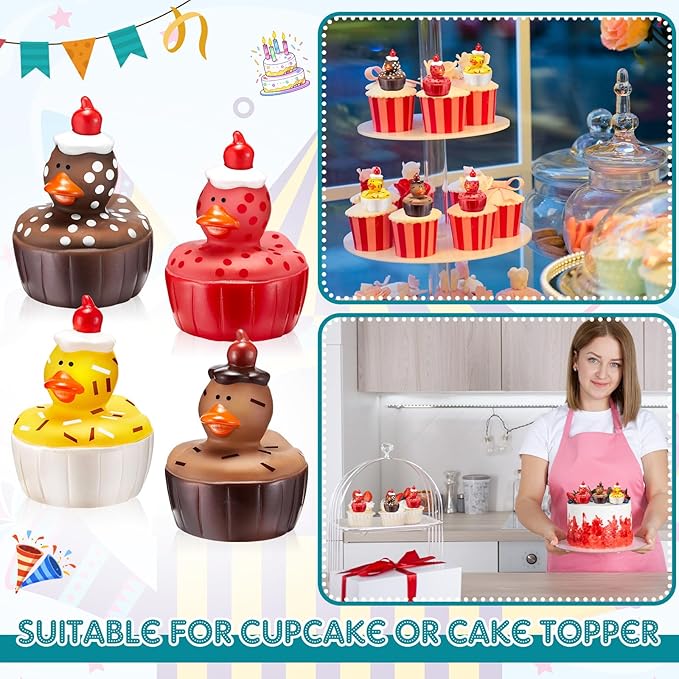 Deekin 24 Pcs Rubber Ducks 2" 4 Style Cute Ducks Bulk Small Assortment Duckies Pool Party Favors Decoration (Cupcake)
