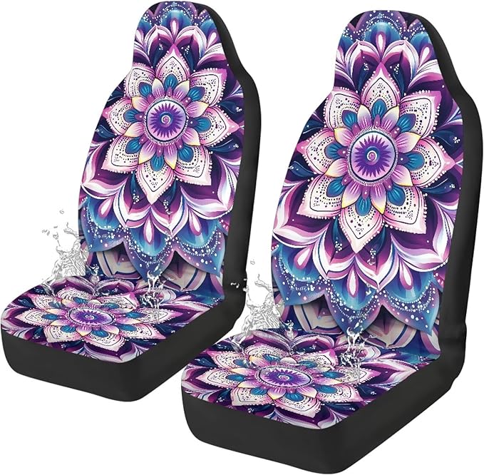 Purple Mandala Waterproof Car Seat Cover Anti-Slip Back Fabric Automobile Front Seat Covers Easy to Install All-Season Protection Universal Vehicle Accessories