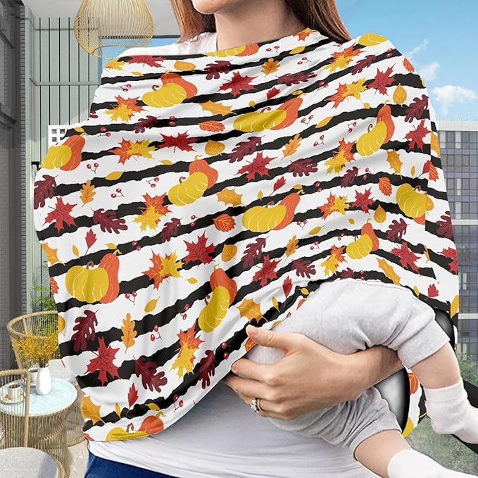 Coldinair Stripe Geometry Printed Nursing Cover for Baby Breastfeeding Pumpkin Maple Leaf Breast Feeding Cover Breathable Comfortable Multi-use Adjustable Privacy Nursing Covers Carseat Canopy Covers