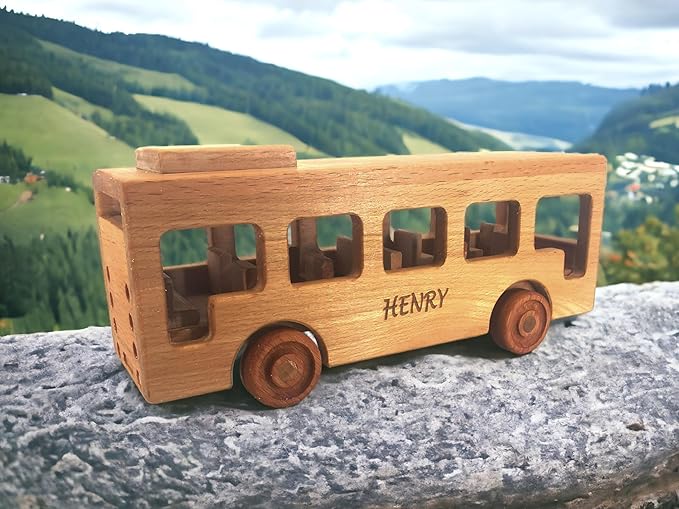 Personalized Wooden Toy Bus For Toddlers, Customized Wooden School Bus Toy, Montessori Toys For 1 Year Old, Baby Bus, Push Cars On The Wheels Toys, School Bus Toys For Toddlers 1-3, Wooden Toy Cars