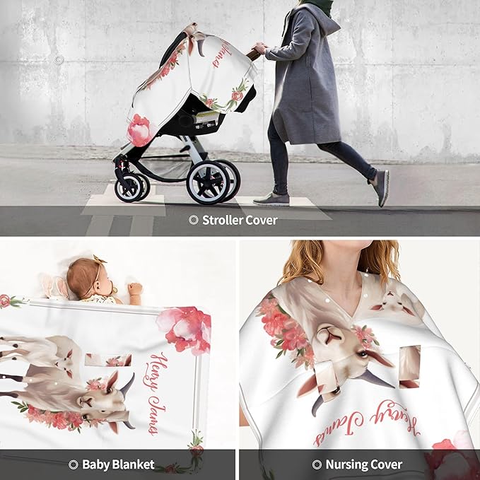 Personalized Baby Car Seat Canopy with Name Custom Minky Goat Car Seat Covers Nursing Cover for Breastfeeding Multi-Use Cover Infant Carrier Carseat Winter Cover for Newborn Girls Boys