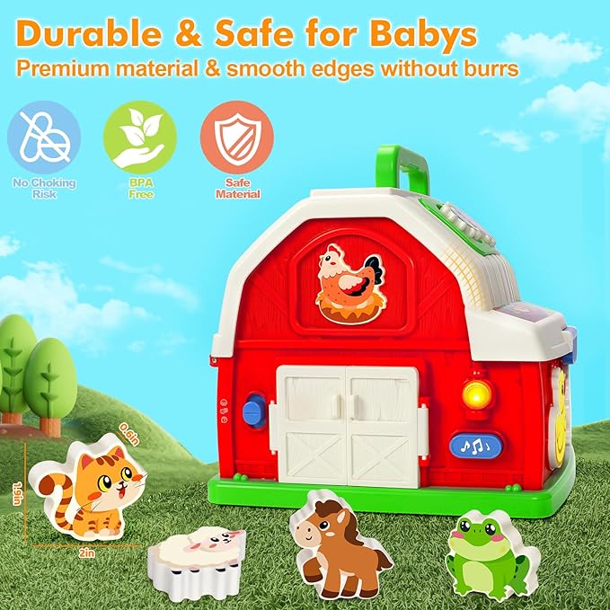 Montessori Toddler Toys for 1 2 3 Year Old Boys Girls, Musical Farm Animals Barn Toy with Sound & Light, Learning Toys for Toddler 1-3, Birthday Gift for Baby Kid 12-18 Months,Shape Sorting Fine Motor