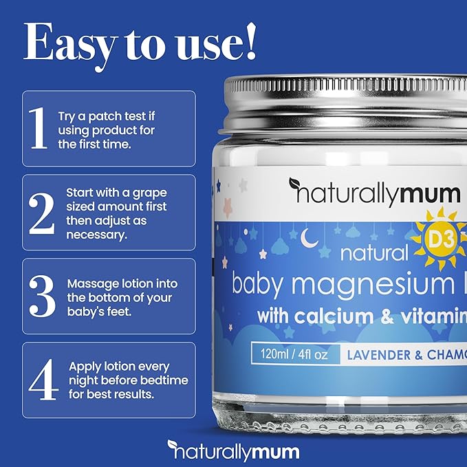 NaturallyMum Baby Magnesium Lotion with Calcium & Vitamin D | Support for Sleep, Heart, Bone, Nerve, Gut and Muscle Health | Alternative to Melatonin | Lavender & Chamomile 4.2 fl oz