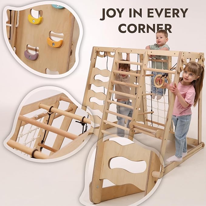 Goodevas Improves 9-in-1 Indoor Climbing Frame for Kids, Montessori Climbing Frame with Slide, Swing, Climbing Wall, Climbing Triangle - Playground for Nursery