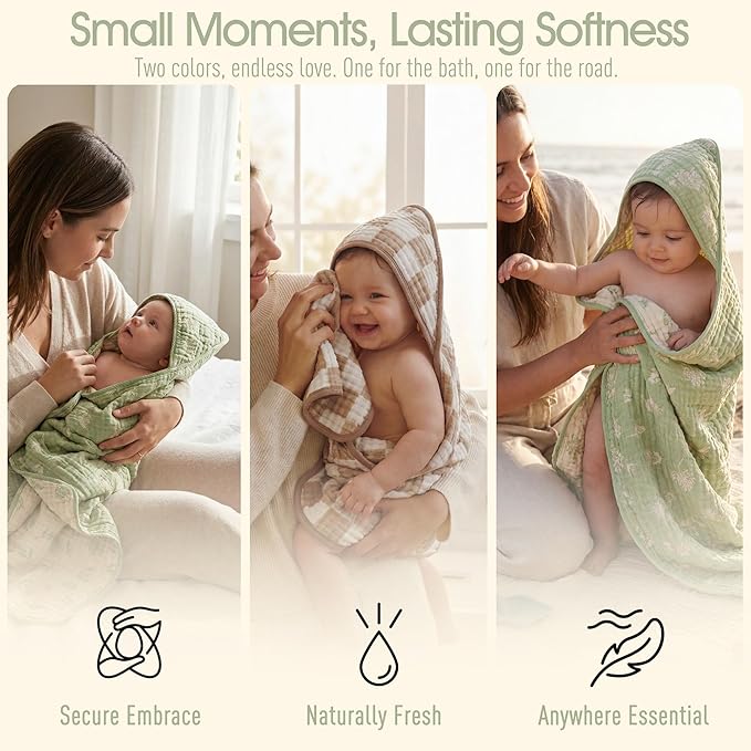 Muslin Baby Towel Set, 4-Piece Newborn Gift with 2 Bath & 2 Washcloths, Baby Shower Ready, Earthy Botanicals Theme 32" X 32"