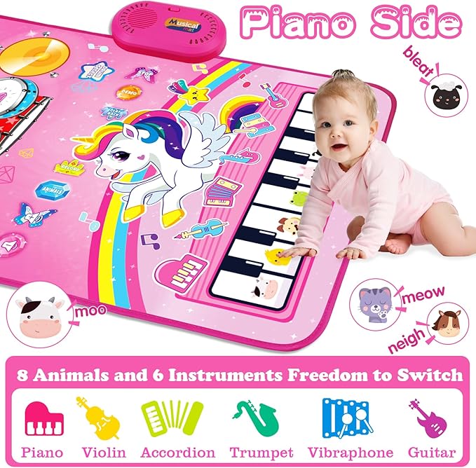 Toys for 1 Year Old Girl Gifts: Baby Music Mat Toddler Toys Age 1-2 - 3 in 1 Piano Drum Animal Touch Unicorn Toy - Infant Musical Toy 12-18 Months Babies Birthday Easter Gifts for 1 2 3 Year Old Girls