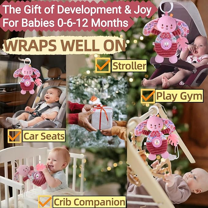 Baby Crib Toys Hanging Stroller Car Seat Toy for Infant 0-2-3-4-5-6-7-8-9 Months Old, Newborn Infant Girl Gifts, Rattle Crinkle Teething Teether for Babies 6-12 Month Easter Basket Stuffers