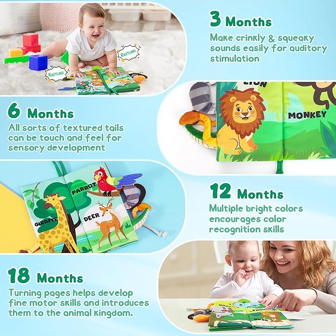 BBWOO Soft Baby Book Toy - Newborn Boy Girl Shower Gift - Tummy Time Toy for Infant 0-6 6-12 Months - Touch and Feel Sensory Crinkle Book with Teether - Baby Boy Girl Gift - Easter Basket Stuffers