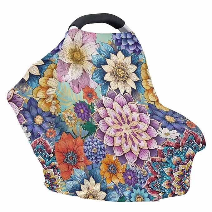 Mandala Flower Car Seat Covers Multi-Purpose Decorative Pram Dust Protector Breastfeeding Scarf Durable Stroller Canopy Covers Washable Breastfeeding Shawl