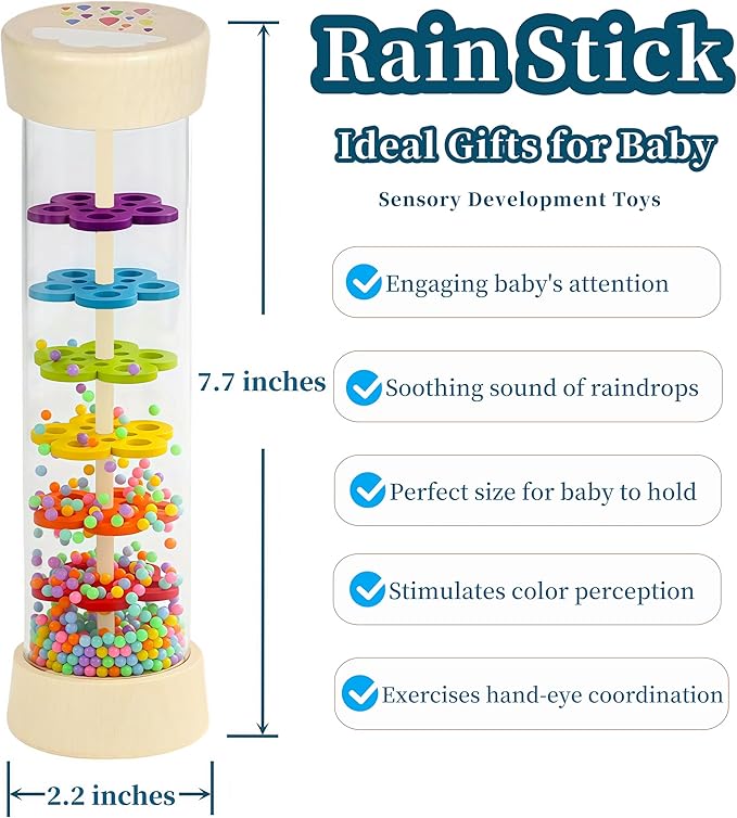 Oneshow Wooden Rain Stick Montessori Toys for Babies, Rainmaker Rain Sticks for Kids, Toddler Rattle Sensory Musical Toy with Calming Rain Sounds - 7.7"