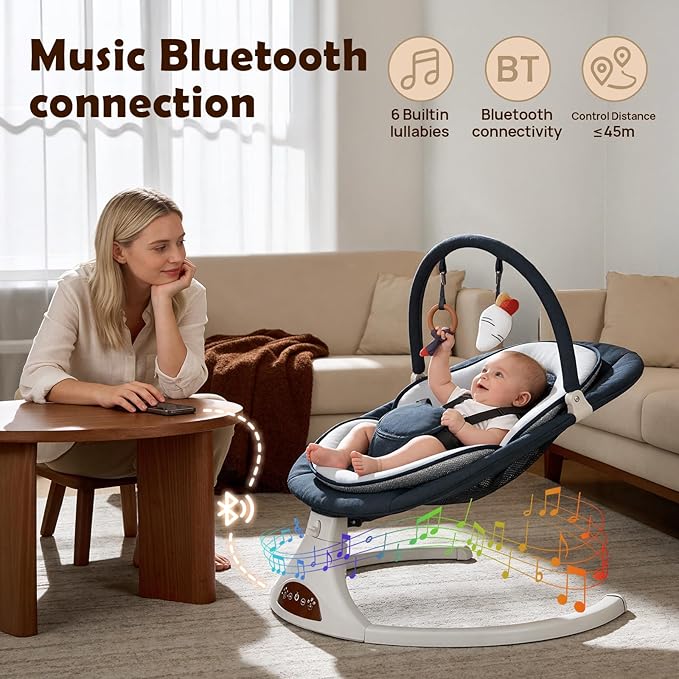 Baby Swings for Infants to Toddler, Electric Baby Swing with Remote, 5 Speeds, Bluetooth & Safety Lock, Portable Baby Swing for Indoor and Outdoor (Dark Blue)