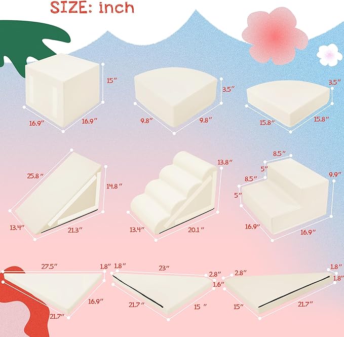 Merax Indoor Climbing Toys for Toddlers, 9-Piece Foam Climbing Blocks Climb & Crawl Tunnel Soft Play Set (9-Piece Cream)