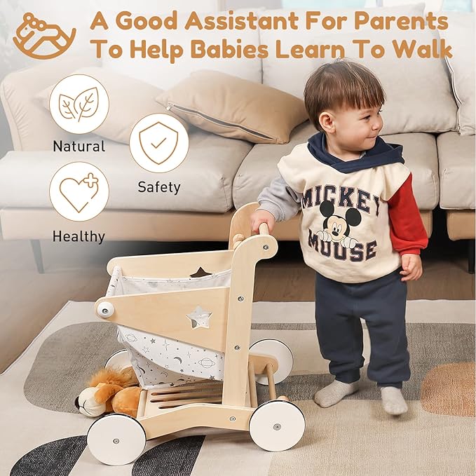 Woodtoe Wooden Baby Walker Doll Stroller, Adjustable Speed Shopping Cart for Toddlers 1-3, Baby Push Walker, Pretend Play Grocery Wagon, Baby Push Toys, Montessori Birthday Toy Gift for 1 2 3 Year Old